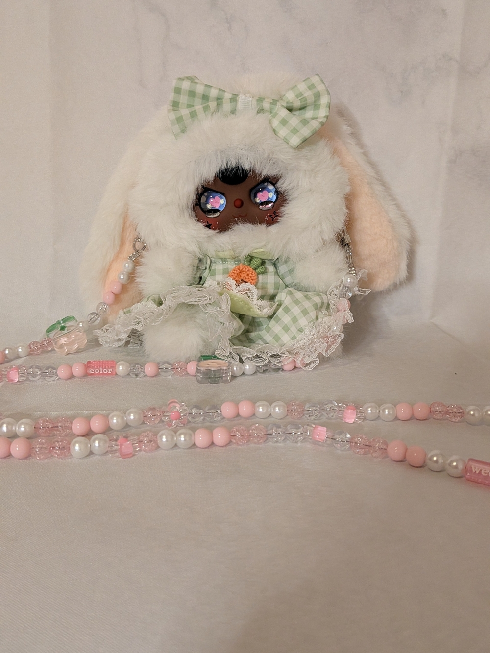 Plush Bunny Doll Accessory in White and Green Gingham